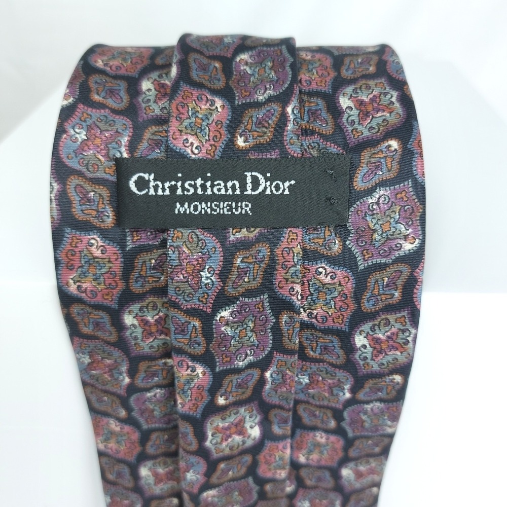 Vintage Christian Dior Silk Tie Geometric Floral Black Purple Woven Made In USA